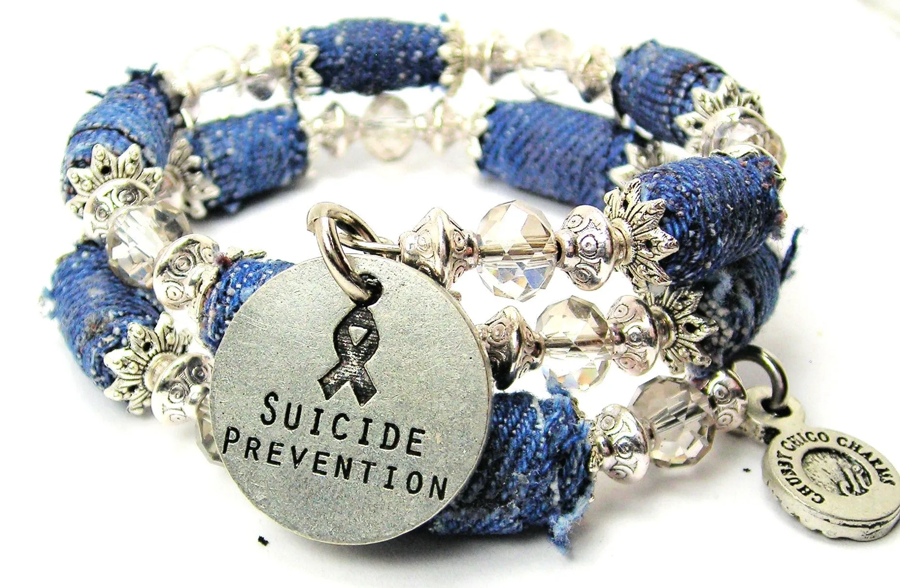 Suicide Prevention Blue Jean Beaded Wrap Bracelet