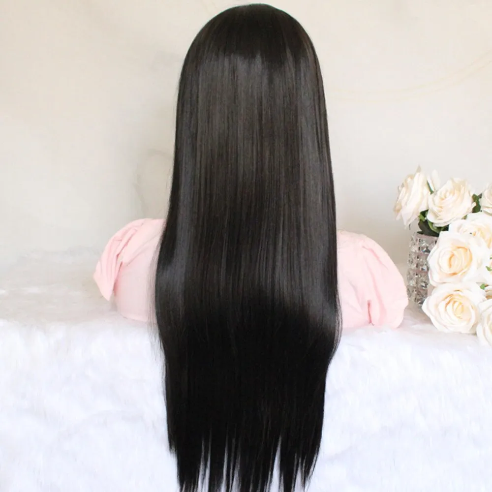 Synthetic Lace Wig Long Straight Black Color Wig for Women Glueless Lace Wig with Pre plucked Middle Part Heat Resistant Wig