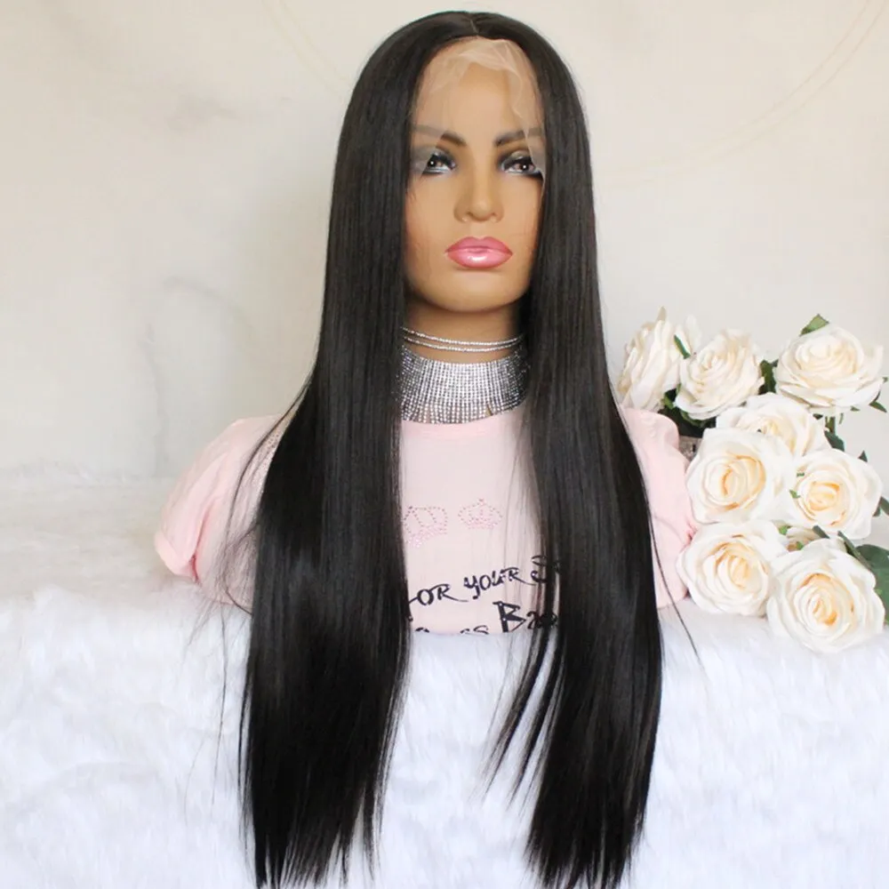 Synthetic Lace Wig Long Straight Black Color Wig for Women Glueless Lace Wig with Pre plucked Middle Part Heat Resistant Wig