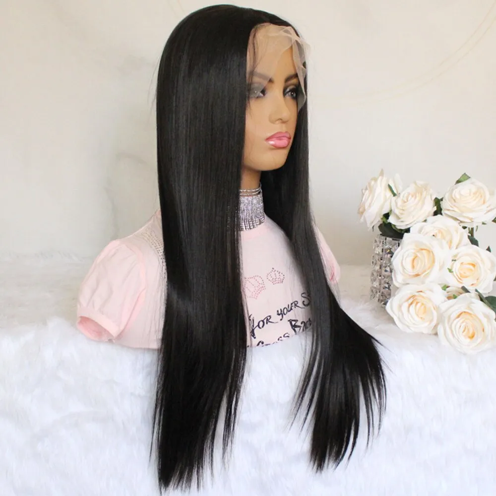 Synthetic Lace Wig Long Straight Black Color Wig for Women Glueless Lace Wig with Pre plucked Middle Part Heat Resistant Wig