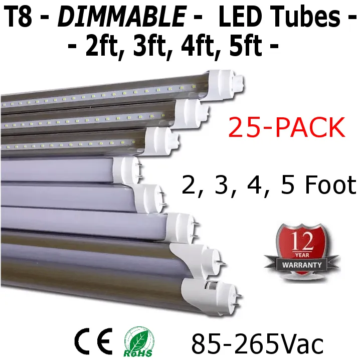 T8 - DIMMABLE -  LED Tubes - 2ft, 3ft, 4ft, 5ft - Case of 25 - 12 Year Warranty