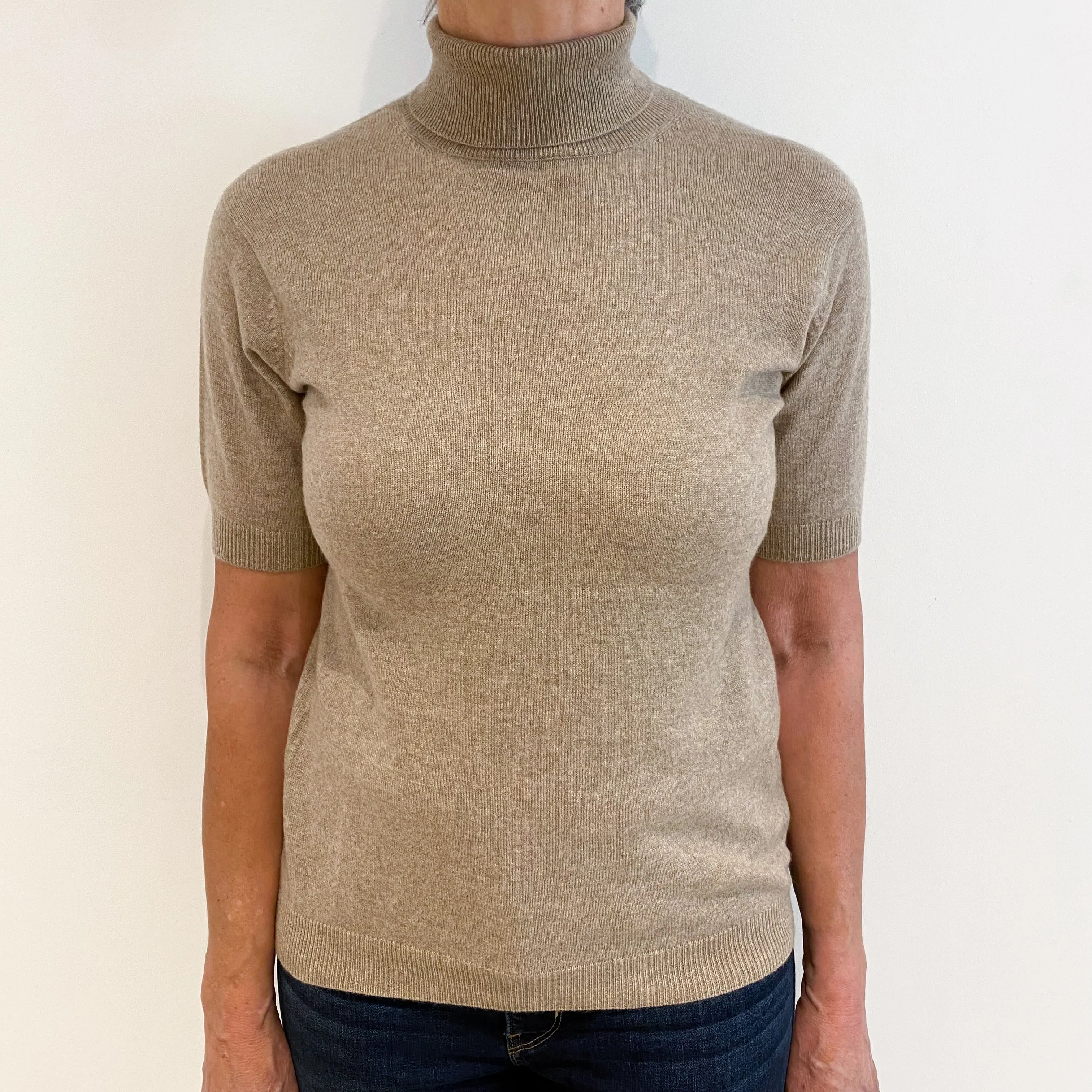 Taupe Brown Cashmere Short Sleeve Polo Neck Jumper Medium