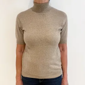 Taupe Brown Cashmere Short Sleeve Polo Neck Jumper Medium