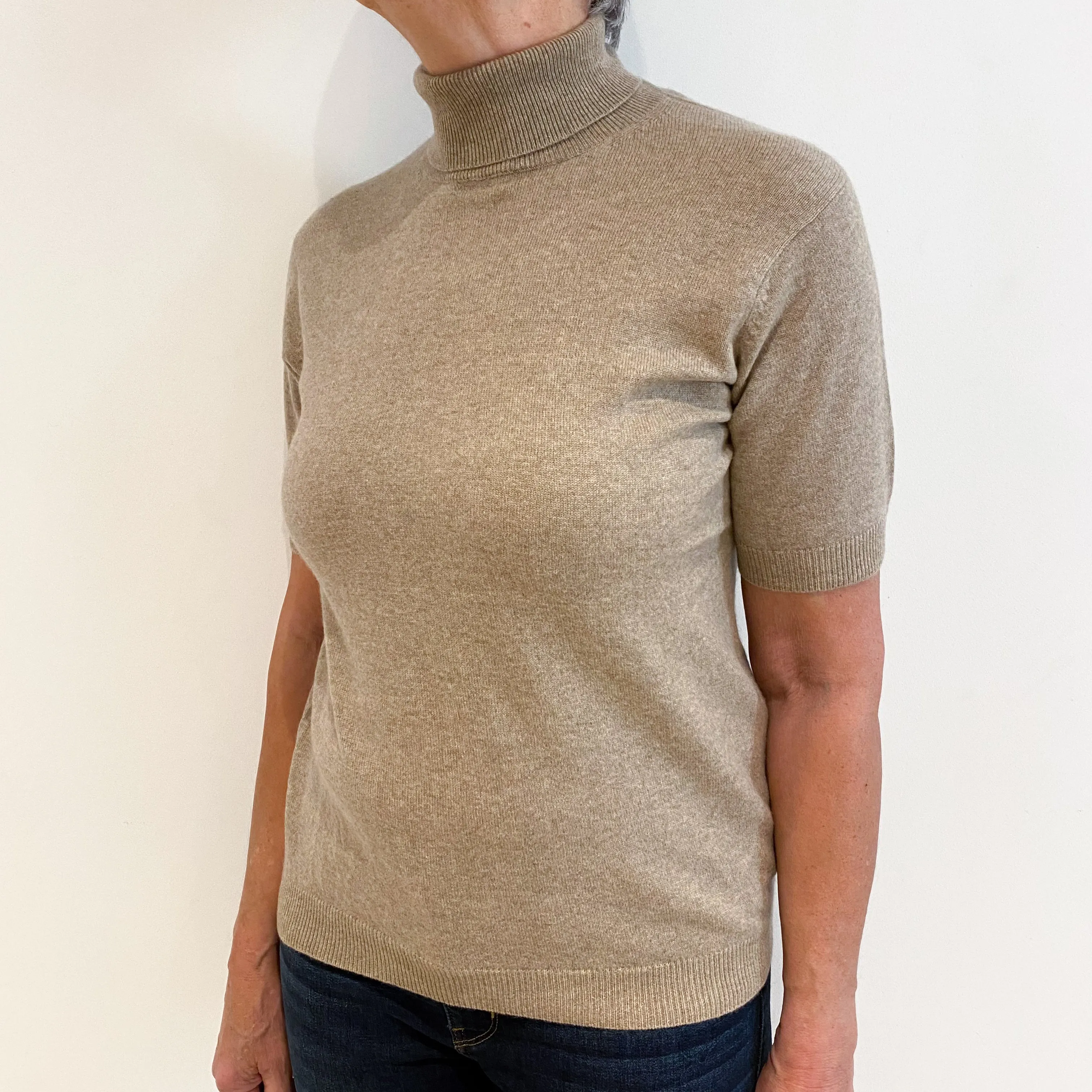 Taupe Brown Cashmere Short Sleeve Polo Neck Jumper Medium