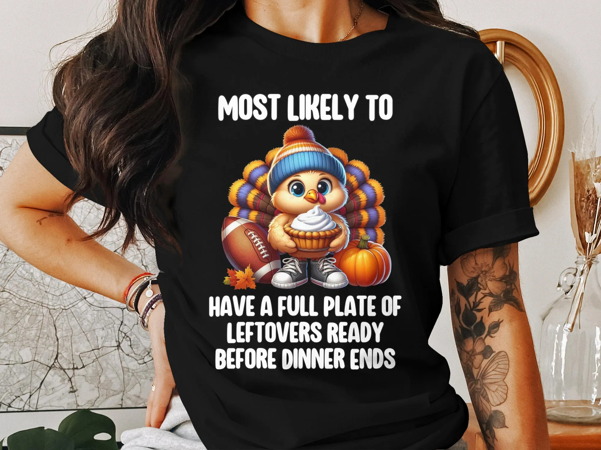 Thanksgiving Turkey Funny T-Shirt, Most Likely to Have Leftovers, Cute Holiday Shirt, Adorable Turkey Humor Tee