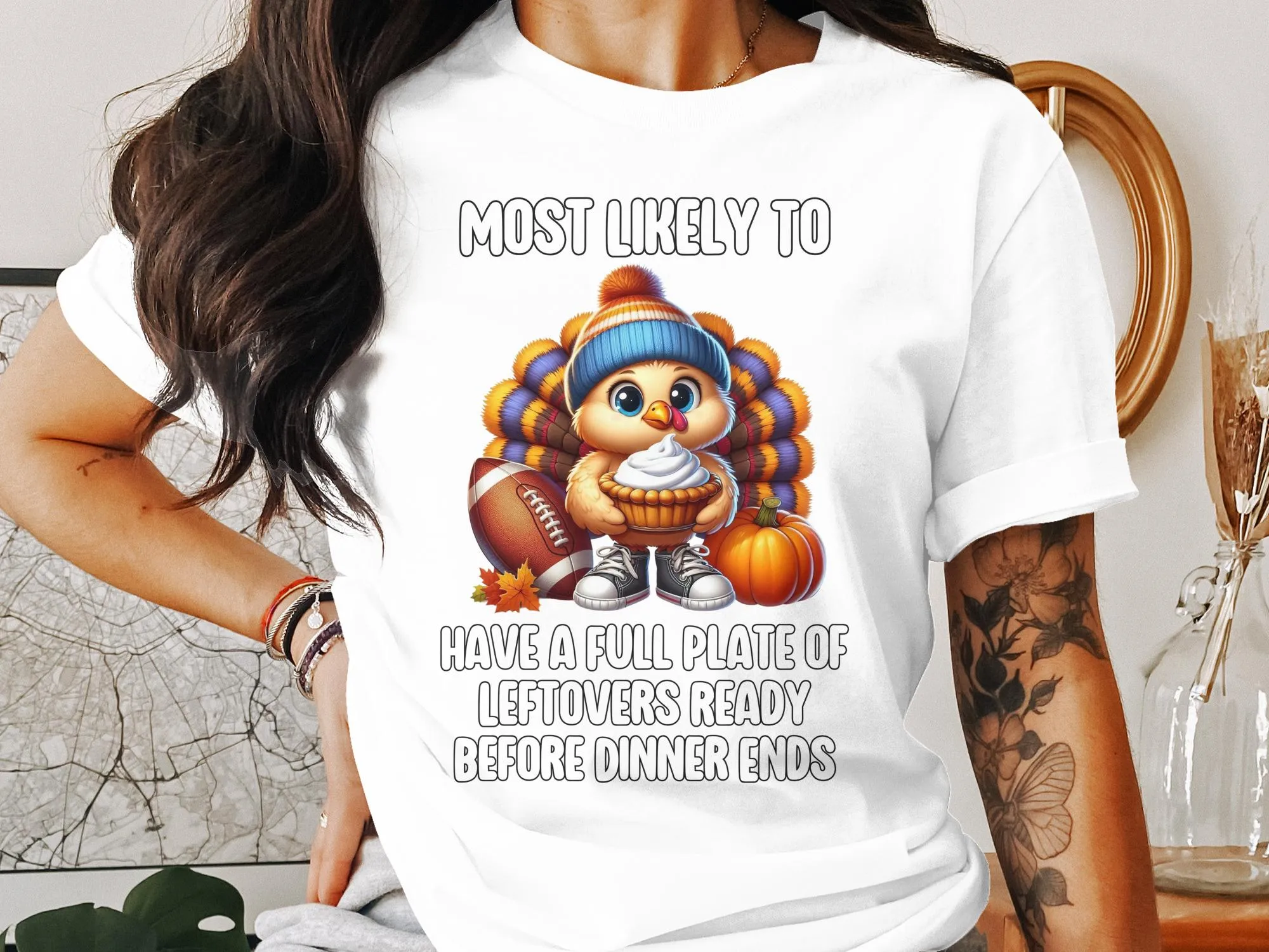 Thanksgiving Turkey Funny T-Shirt, Most Likely to Have Leftovers, Cute Holiday Shirt, Adorable Turkey Humor Tee