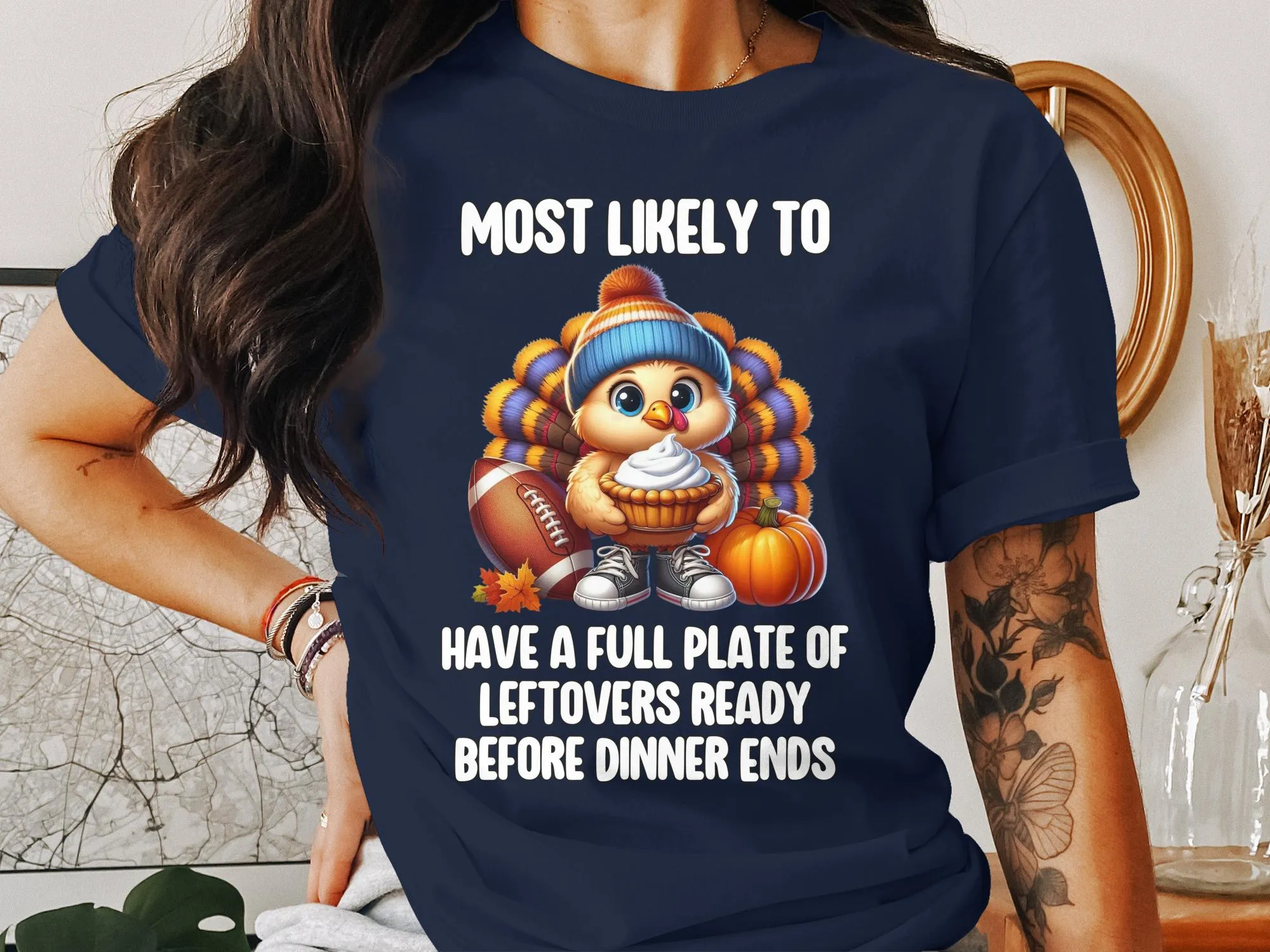 Thanksgiving Turkey Funny T-Shirt, Most Likely to Have Leftovers, Cute Holiday Shirt, Adorable Turkey Humor Tee