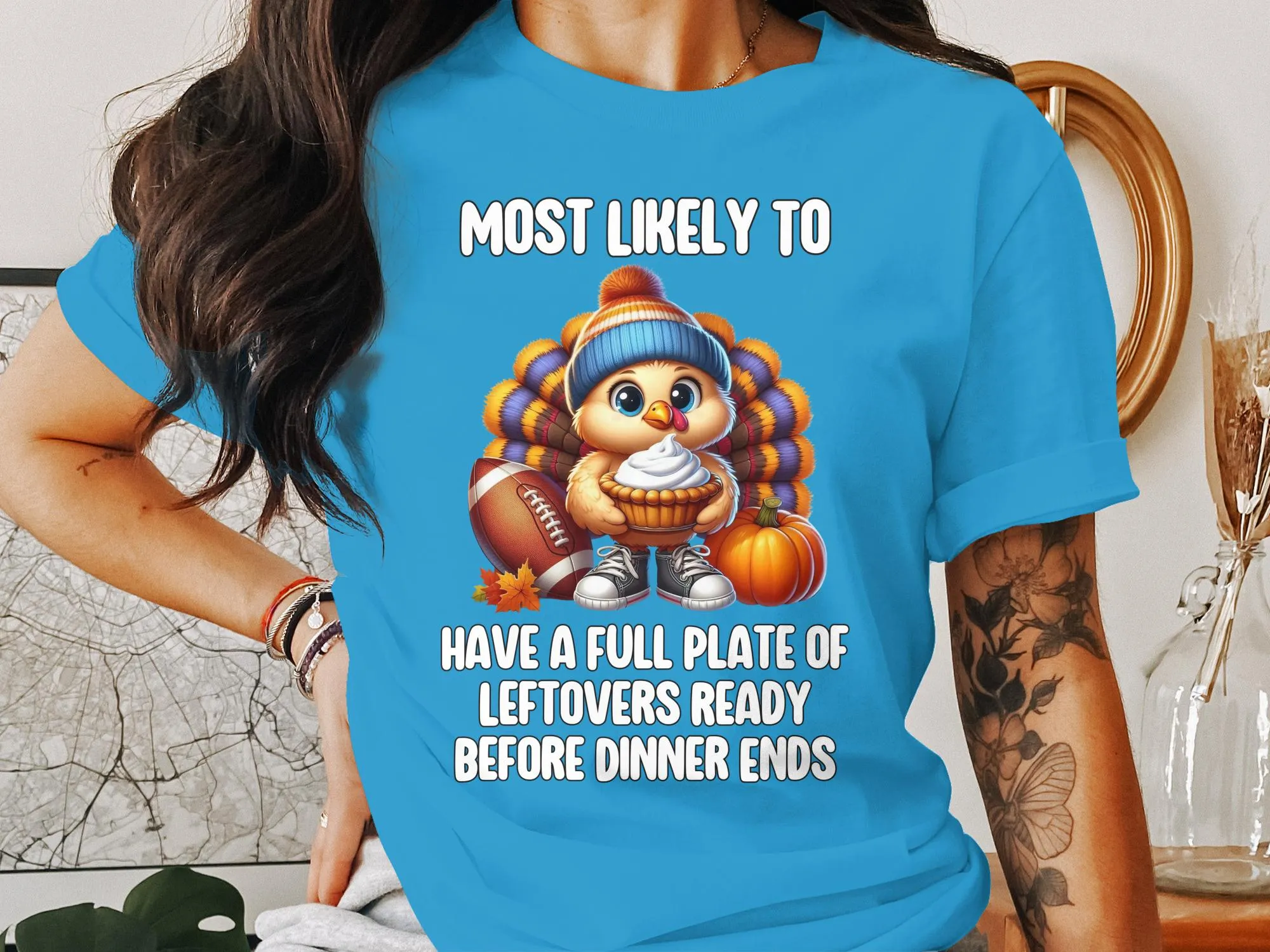 Thanksgiving Turkey Funny T-Shirt, Most Likely to Have Leftovers, Cute Holiday Shirt, Adorable Turkey Humor Tee