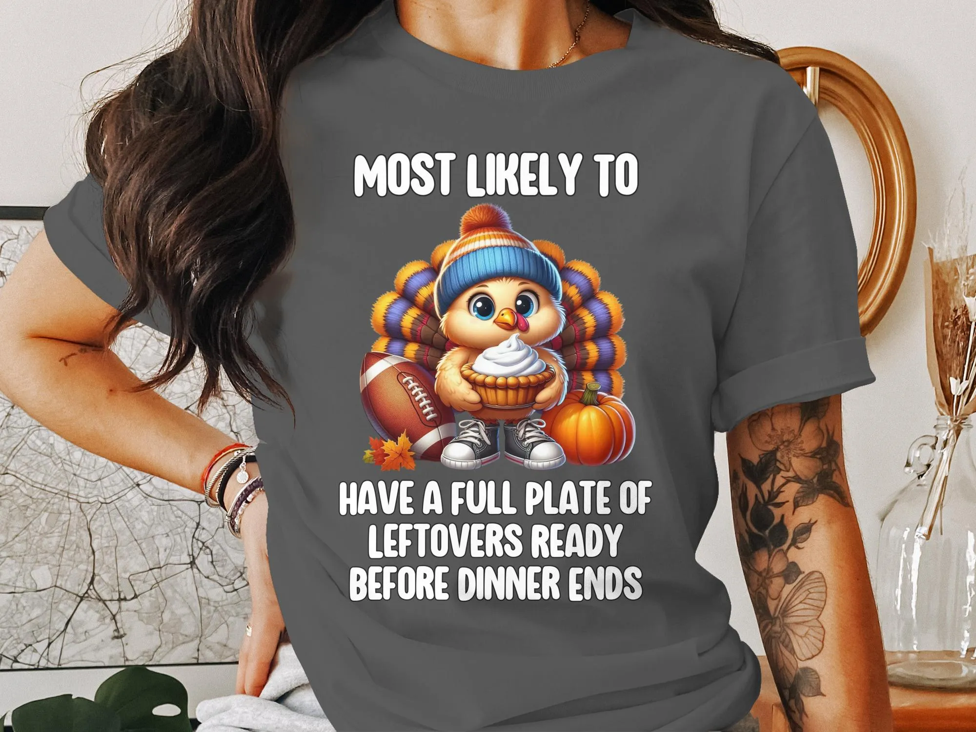 Thanksgiving Turkey Funny T-Shirt, Most Likely to Have Leftovers, Cute Holiday Shirt, Adorable Turkey Humor Tee