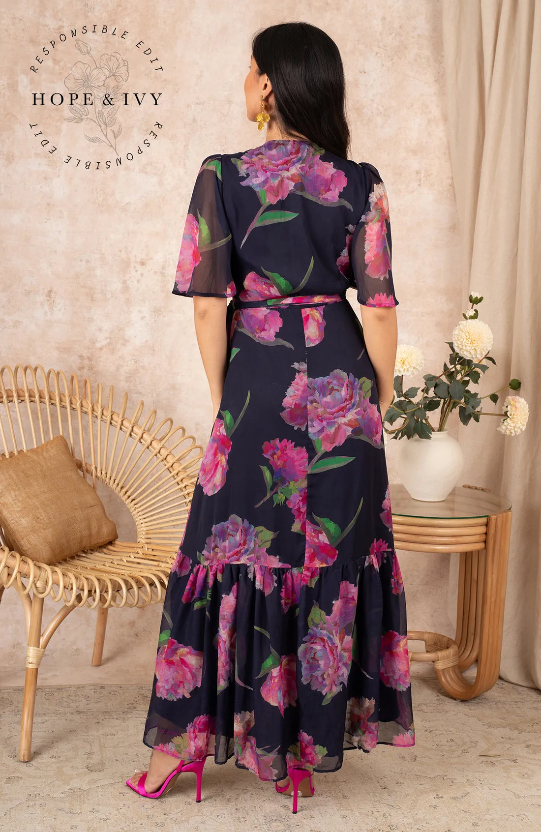 THE ASHIA FLUTTER SLEEVE MAXI WRAP DRESS (NAVY/PINK)