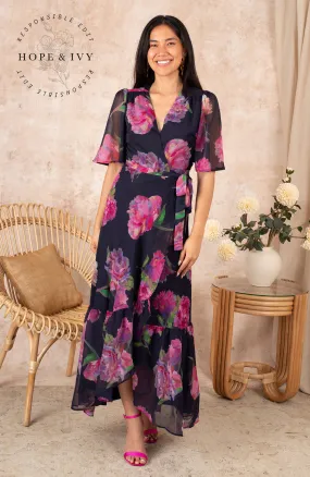 THE ASHIA FLUTTER SLEEVE MAXI WRAP DRESS (NAVY/PINK)