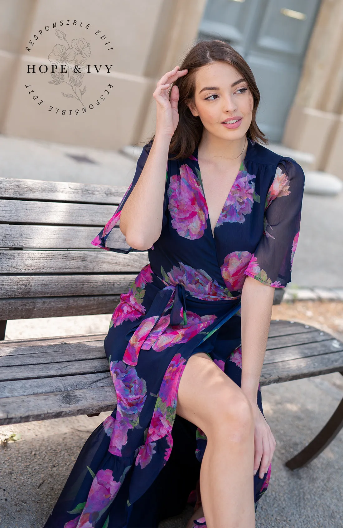 THE ASHIA FLUTTER SLEEVE MAXI WRAP DRESS (NAVY/PINK)