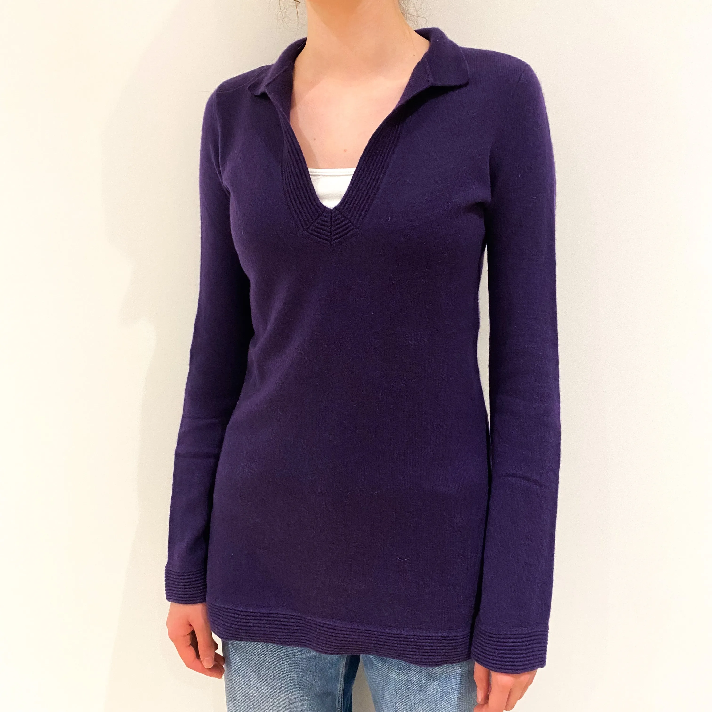 Tory Burch Plum Purple Collared Cashmere V-Neck Jumper Extra Small