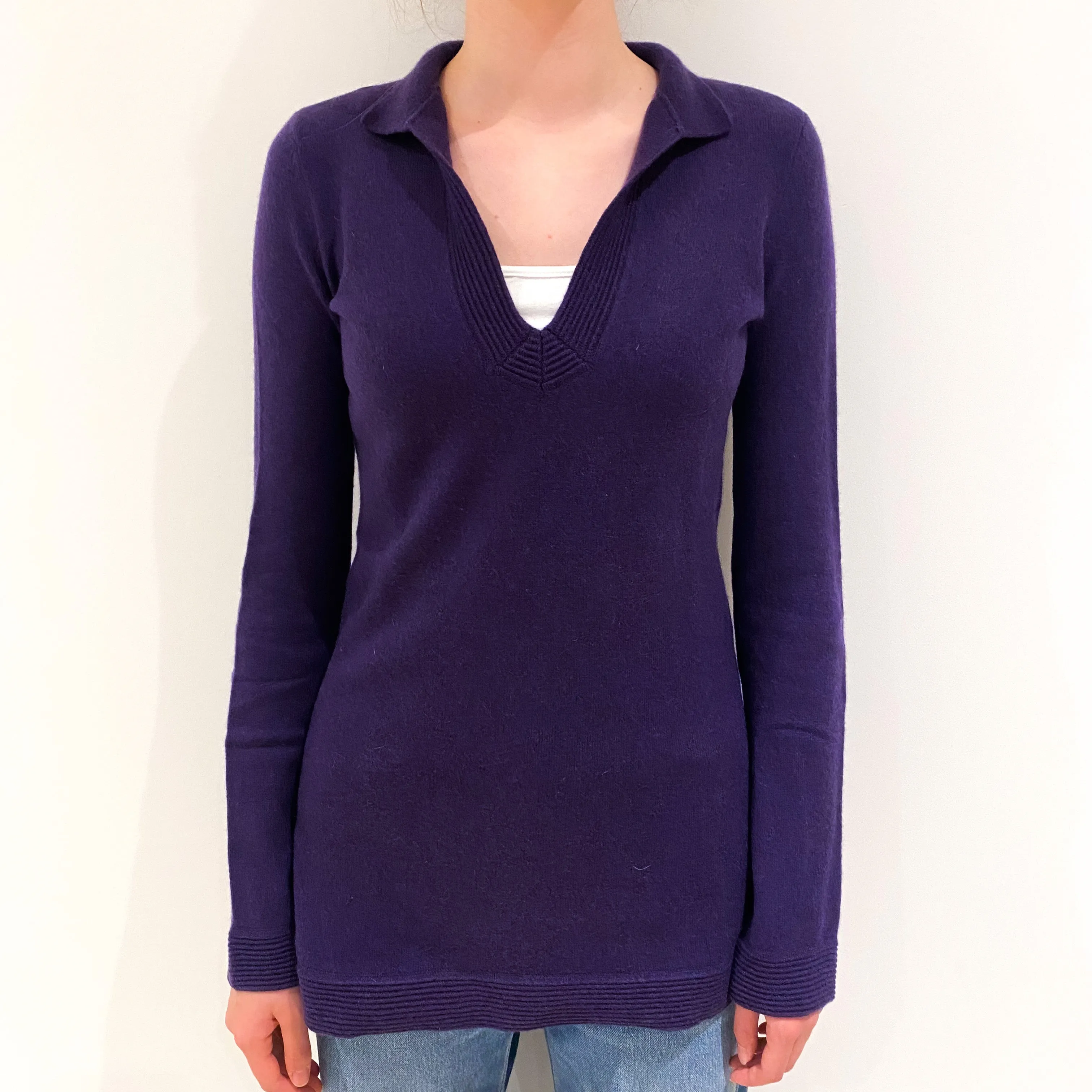Tory Burch Plum Purple Collared Cashmere V-Neck Jumper Extra Small