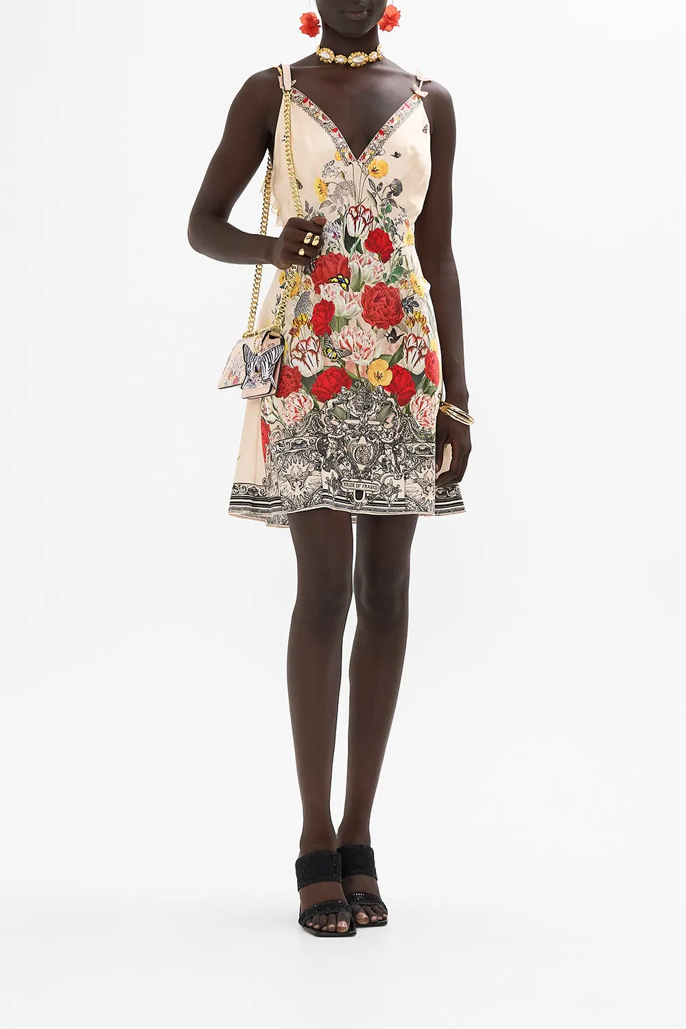 V NECK BIAS SLIP DRESS WITH BACK FRILL ETCHED INTO ETERNITY