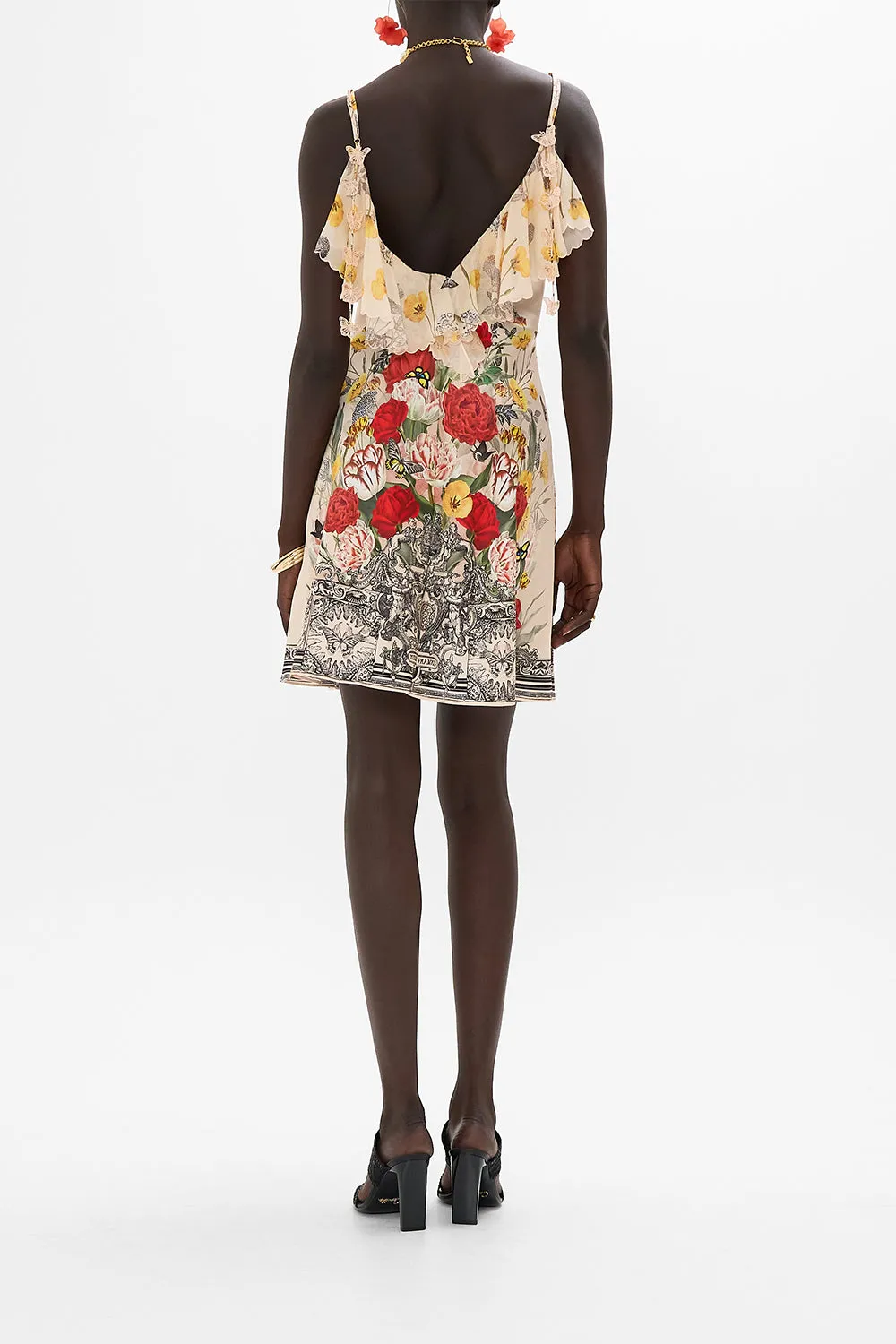 V NECK BIAS SLIP DRESS WITH BACK FRILL ETCHED INTO ETERNITY