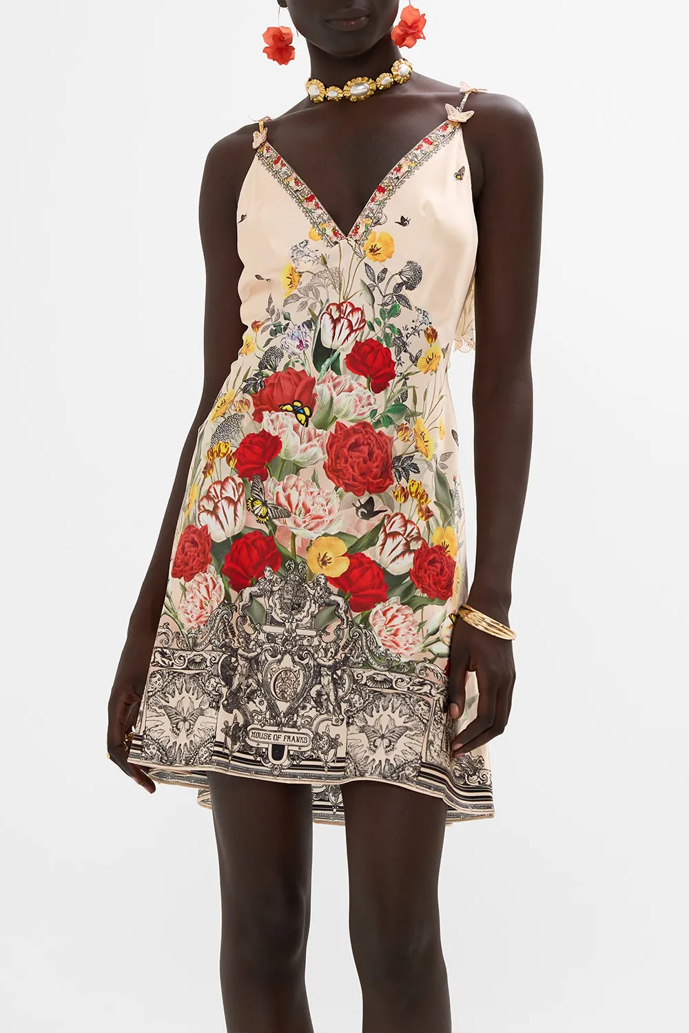 V NECK BIAS SLIP DRESS WITH BACK FRILL ETCHED INTO ETERNITY