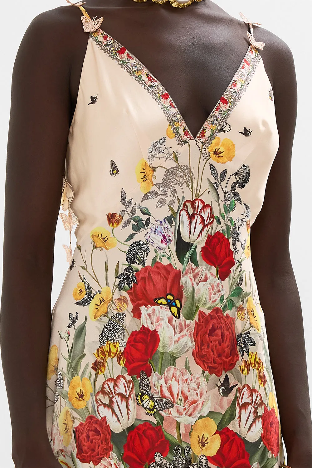 V NECK BIAS SLIP DRESS WITH BACK FRILL ETCHED INTO ETERNITY