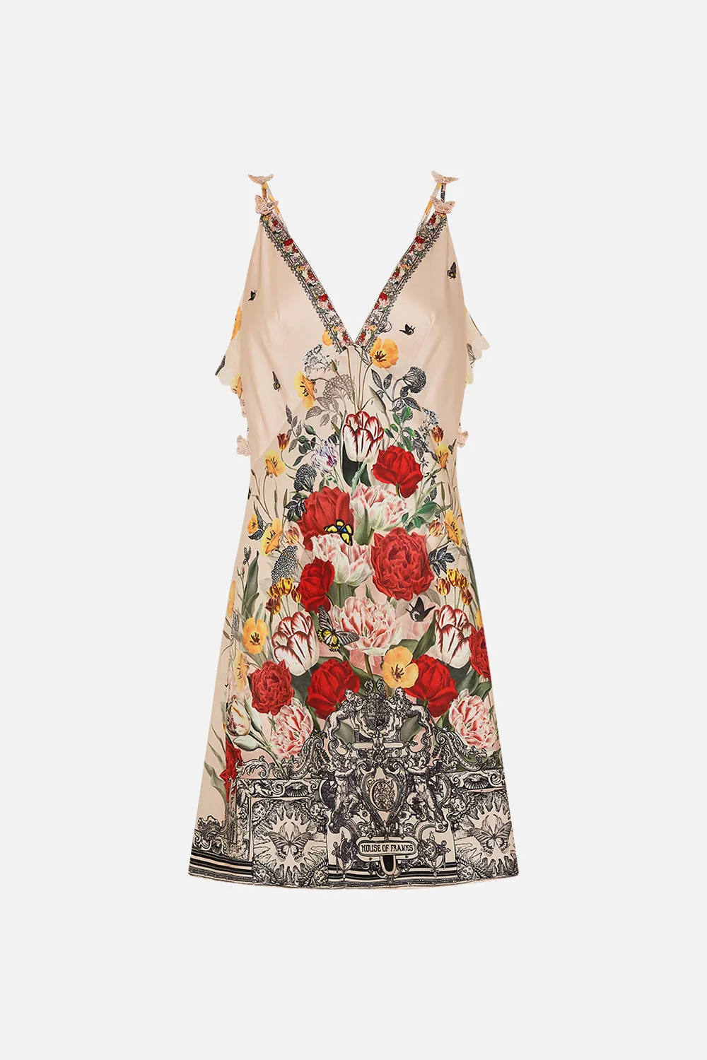 V NECK BIAS SLIP DRESS WITH BACK FRILL ETCHED INTO ETERNITY