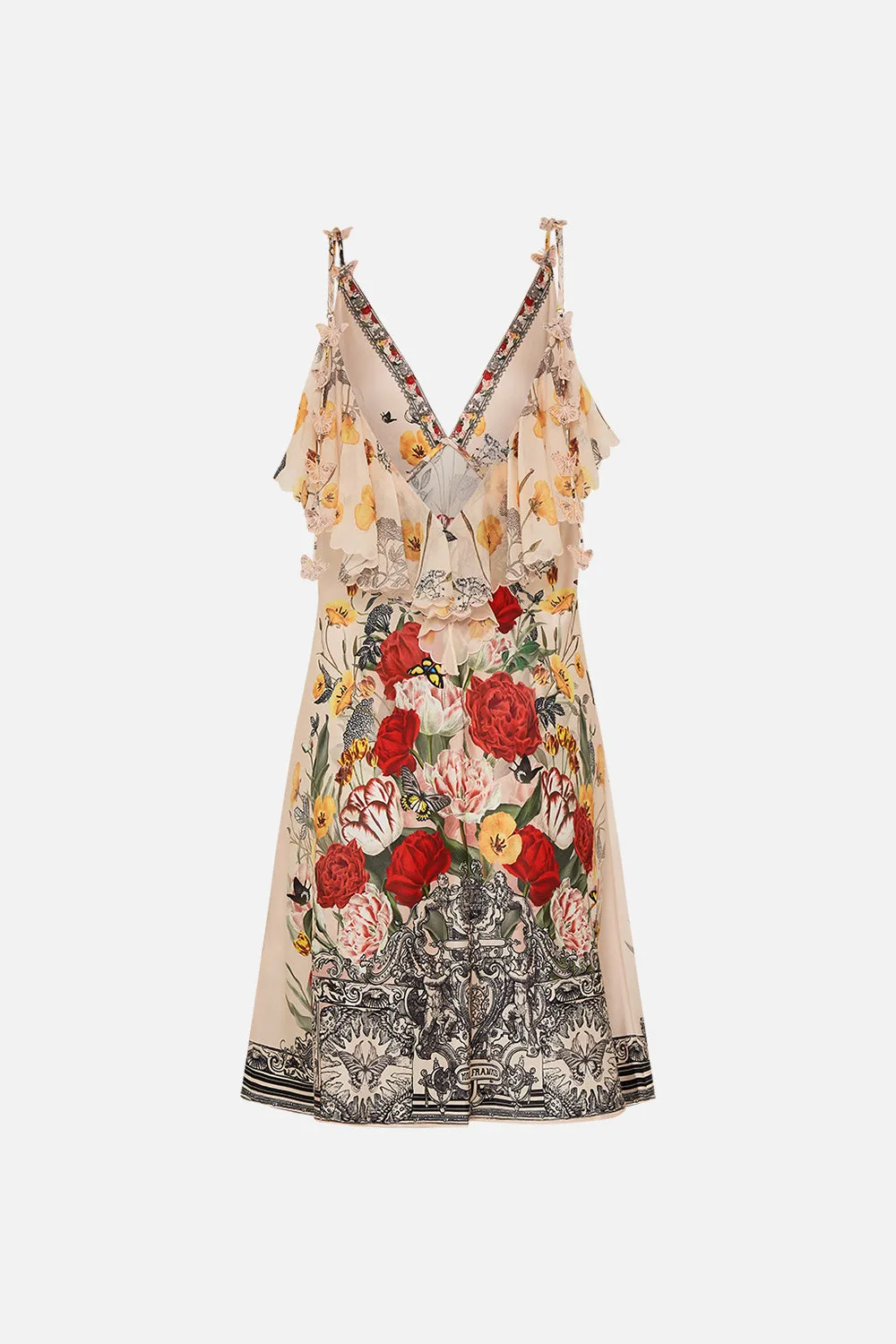 V NECK BIAS SLIP DRESS WITH BACK FRILL ETCHED INTO ETERNITY