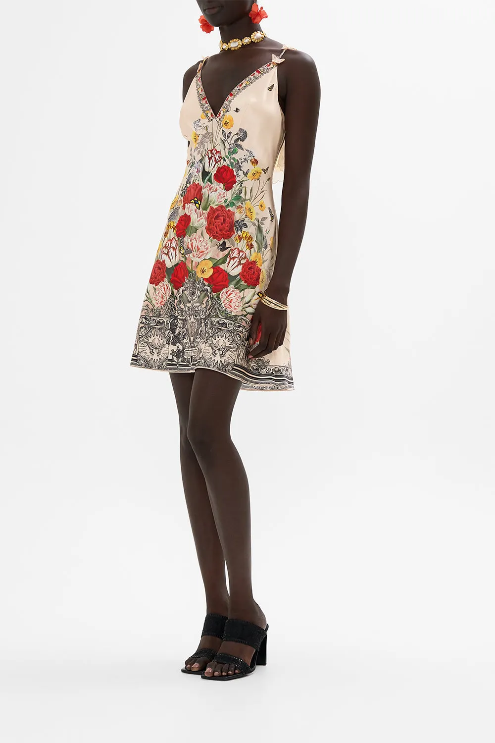 V NECK BIAS SLIP DRESS WITH BACK FRILL ETCHED INTO ETERNITY