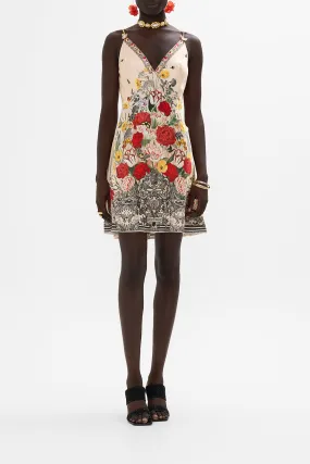 V NECK BIAS SLIP DRESS WITH BACK FRILL ETCHED INTO ETERNITY