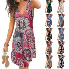 V Neck Sleeveless Floral Print Wrap Dress