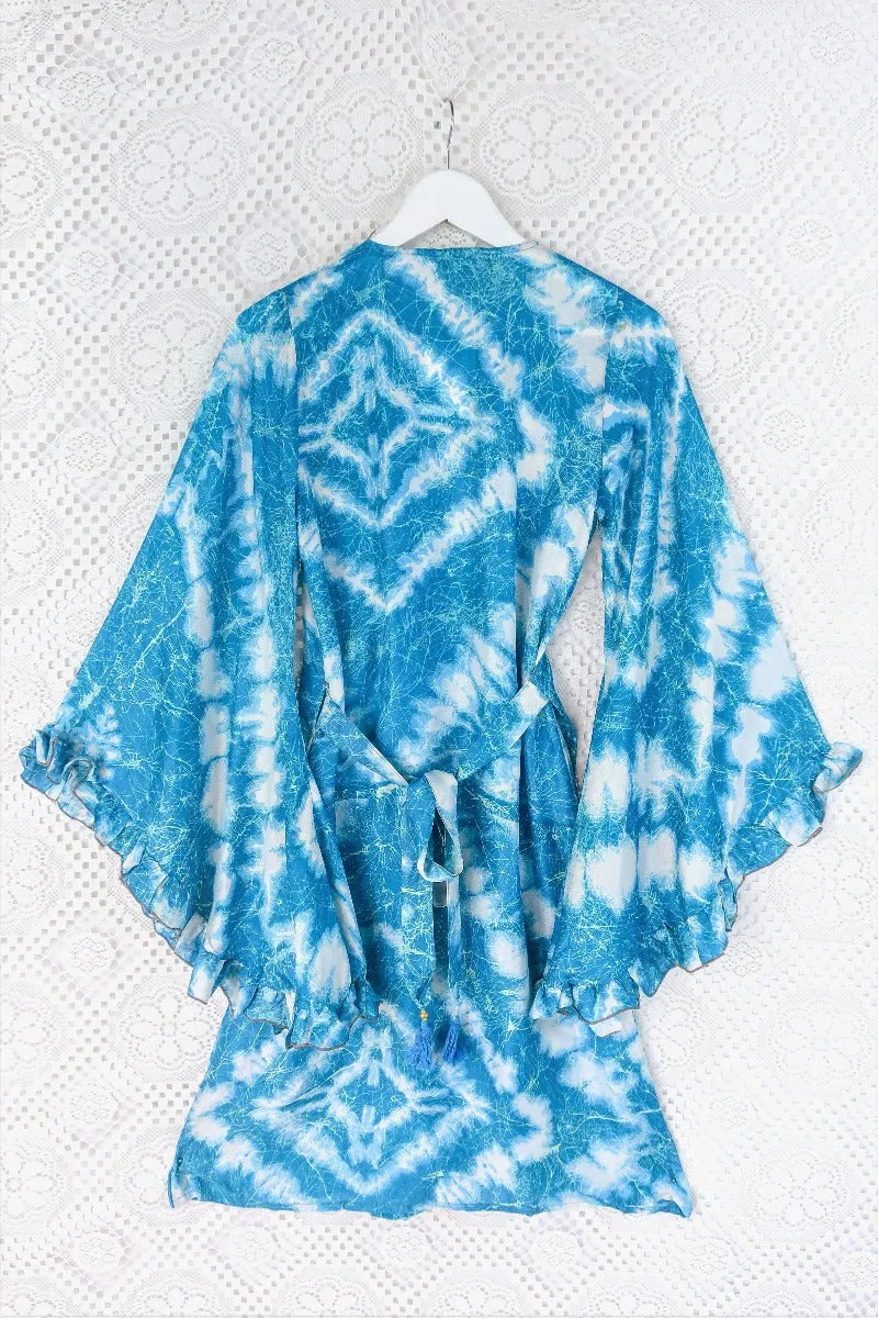 Venus Vintage Sari Midi Dress - Deep Aqua Blue Tie Dye - Size XS