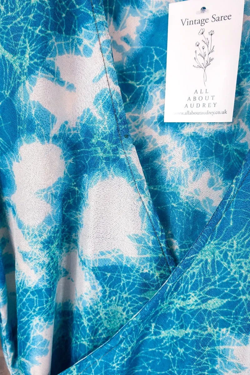 Venus Vintage Sari Midi Dress - Deep Aqua Blue Tie Dye - Size XS