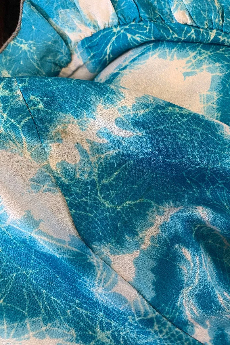 Venus Vintage Sari Midi Dress - Deep Aqua Blue Tie Dye - Size XS