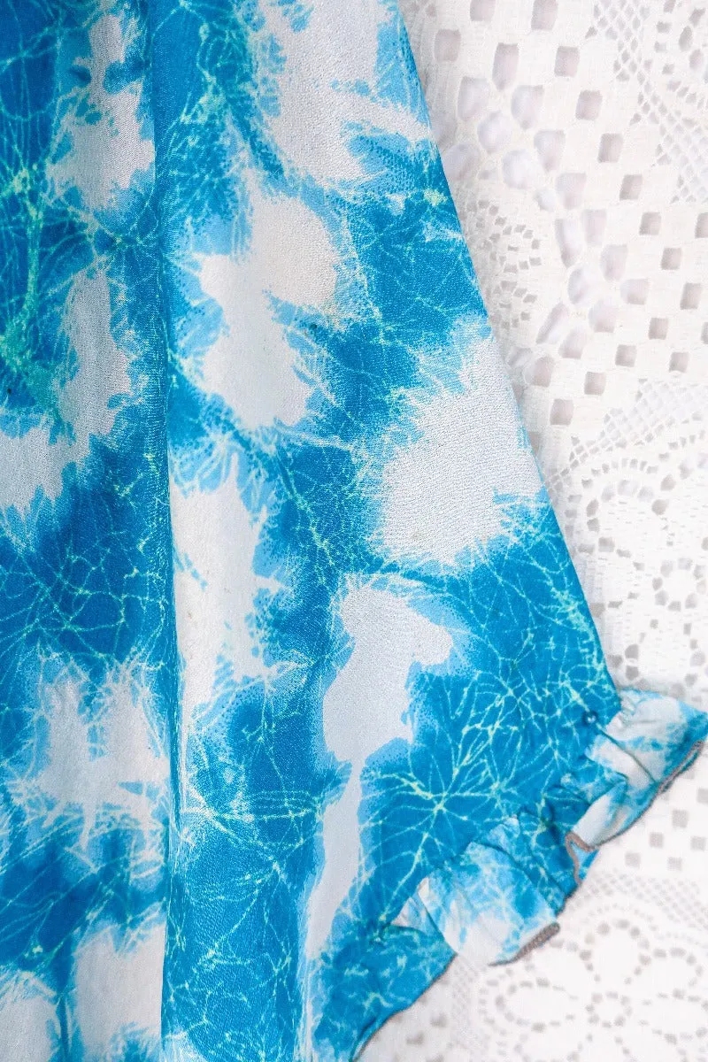 Venus Vintage Sari Midi Dress - Deep Aqua Blue Tie Dye - Size XS
