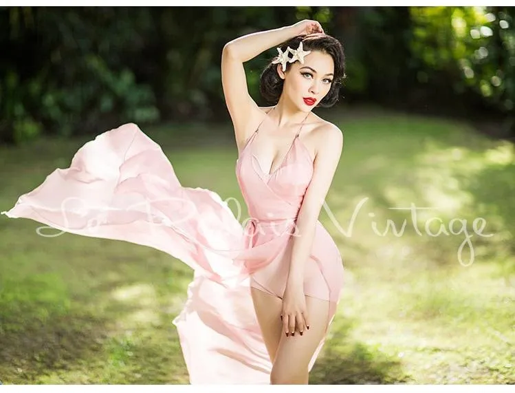 Vintage retro pinup 1950 Pink wrap around cover Maxi dress night gown- Goli