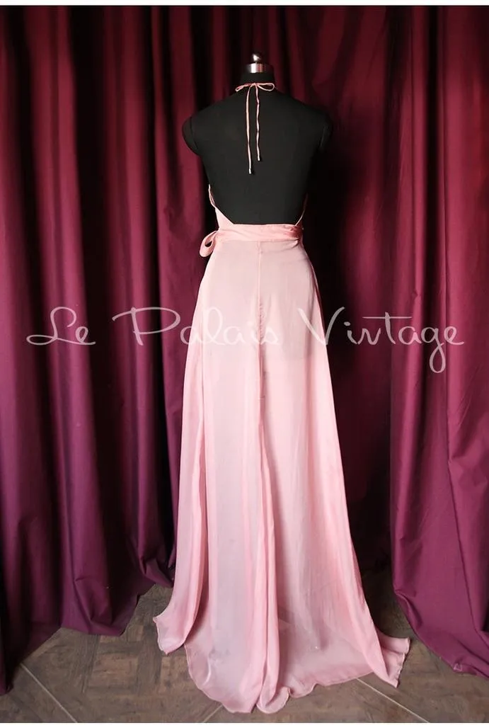 Vintage retro pinup 1950 Pink wrap around cover Maxi dress night gown- Goli