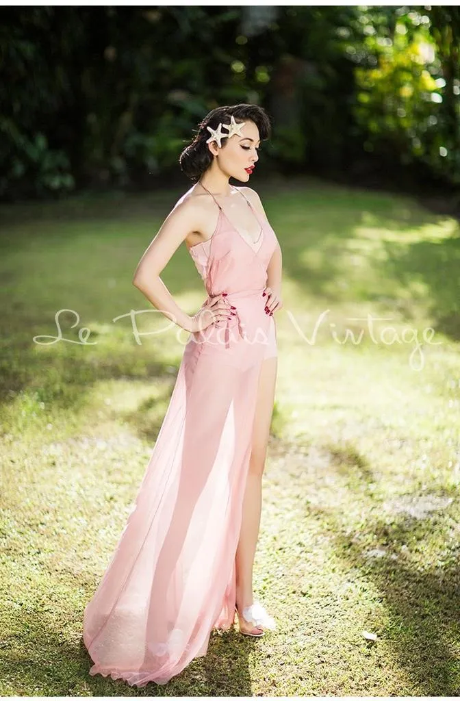 Vintage retro pinup 1950 Pink wrap around cover Maxi dress night gown- Goli