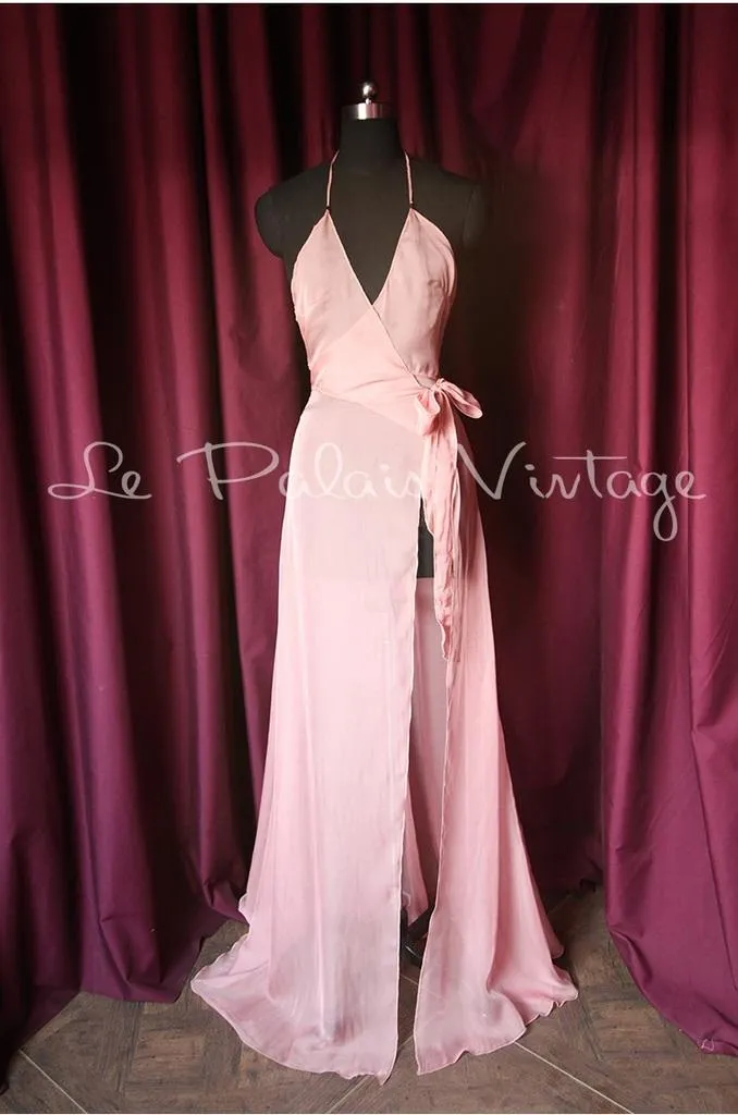 Vintage retro pinup 1950 Pink wrap around cover Maxi dress night gown- Goli