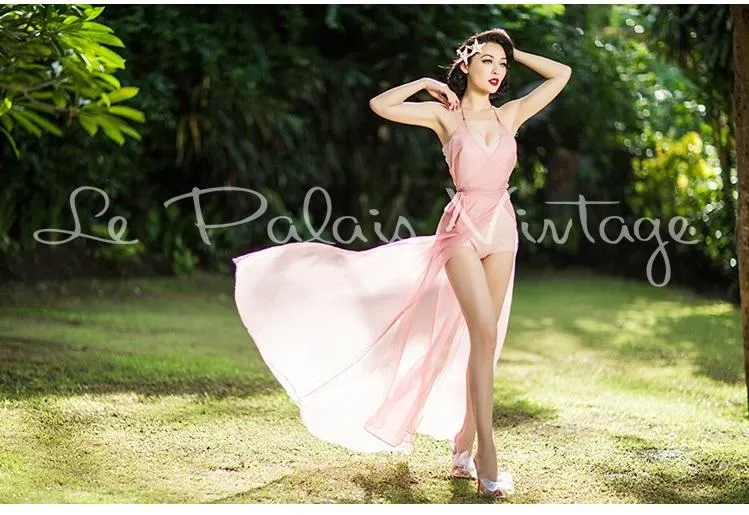 Vintage retro pinup 1950 Pink wrap around cover Maxi dress night gown- Goli