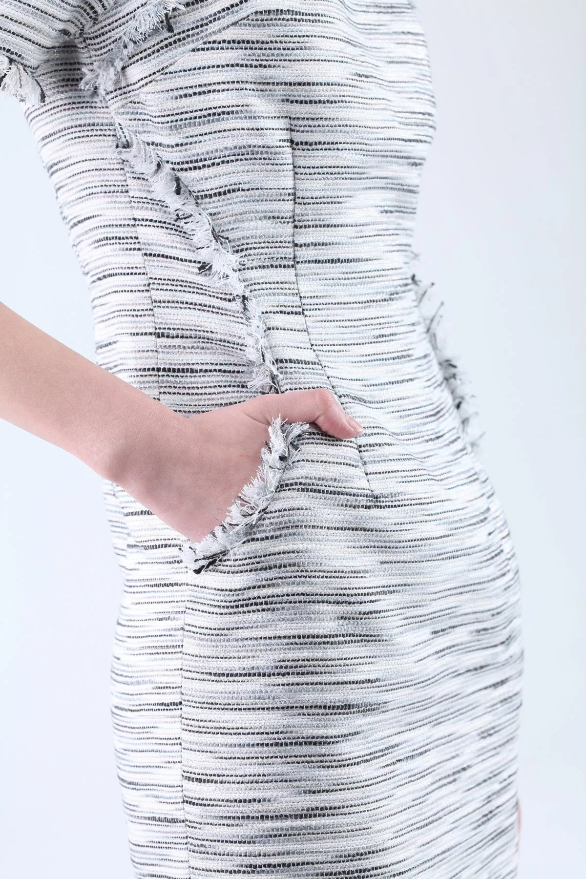 White Stripes Tweed Short Sleeves Dress with Raw Edge Features