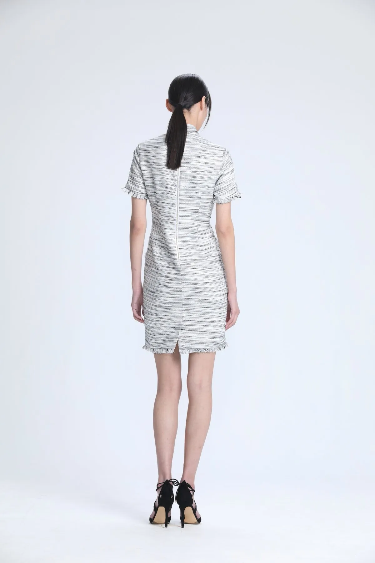 White Stripes Tweed Short Sleeves Dress with Raw Edge Features
