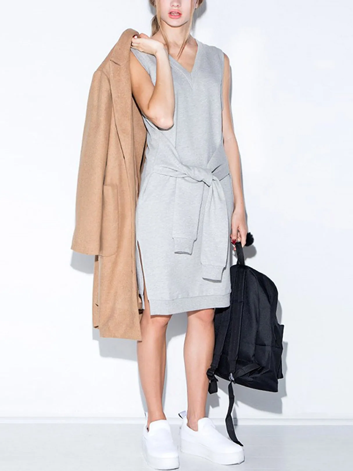 Wholesale Grey V-Neck Sleeveless Plain Shirt Dress