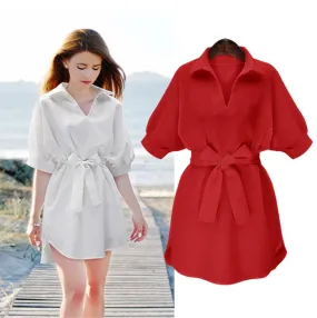 Women Mid-Length Summer Korean Plus Size Loose Tops Slim-Look V-Neck Dress