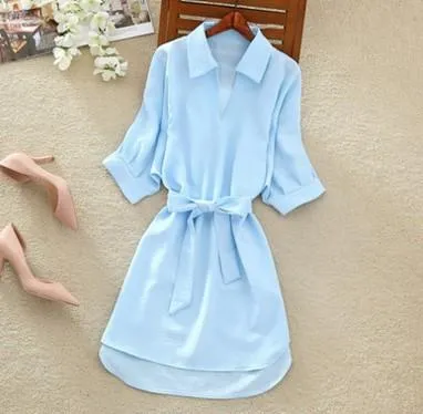 Women Mid-Length Summer Korean Plus Size Loose Tops Slim-Look V-Neck Dress