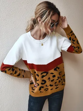 Women's Boho Chic Geometric Leopard Print Pullover Sweater