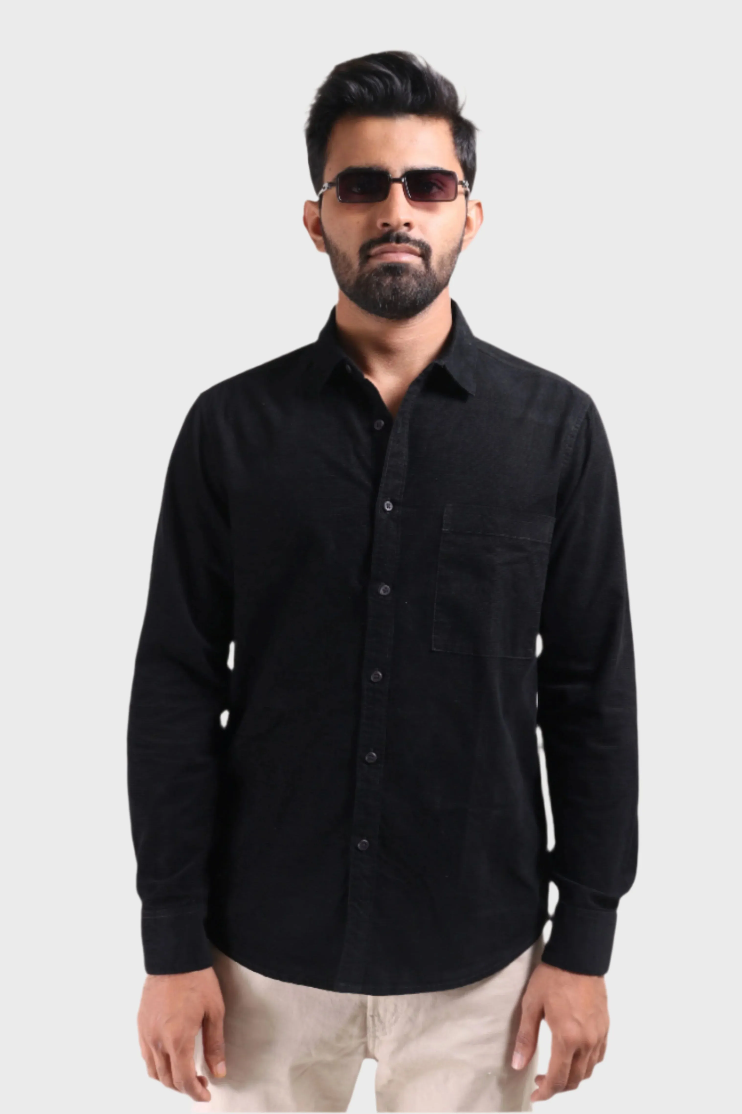 XKIND MEN'S BLACK FINE CORDUROY REGULAR FIT SHIRT