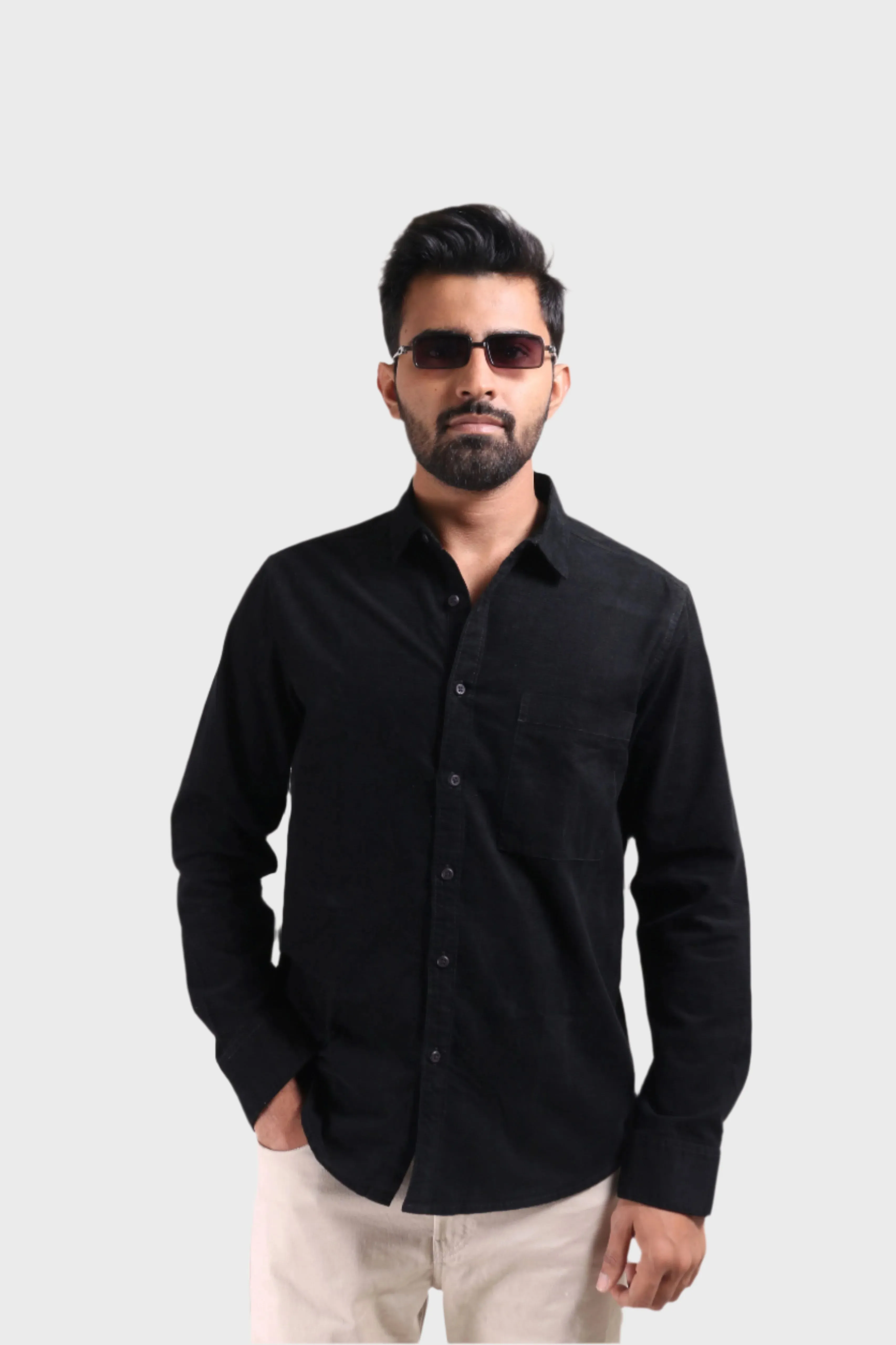 XKIND MEN'S BLACK FINE CORDUROY REGULAR FIT SHIRT