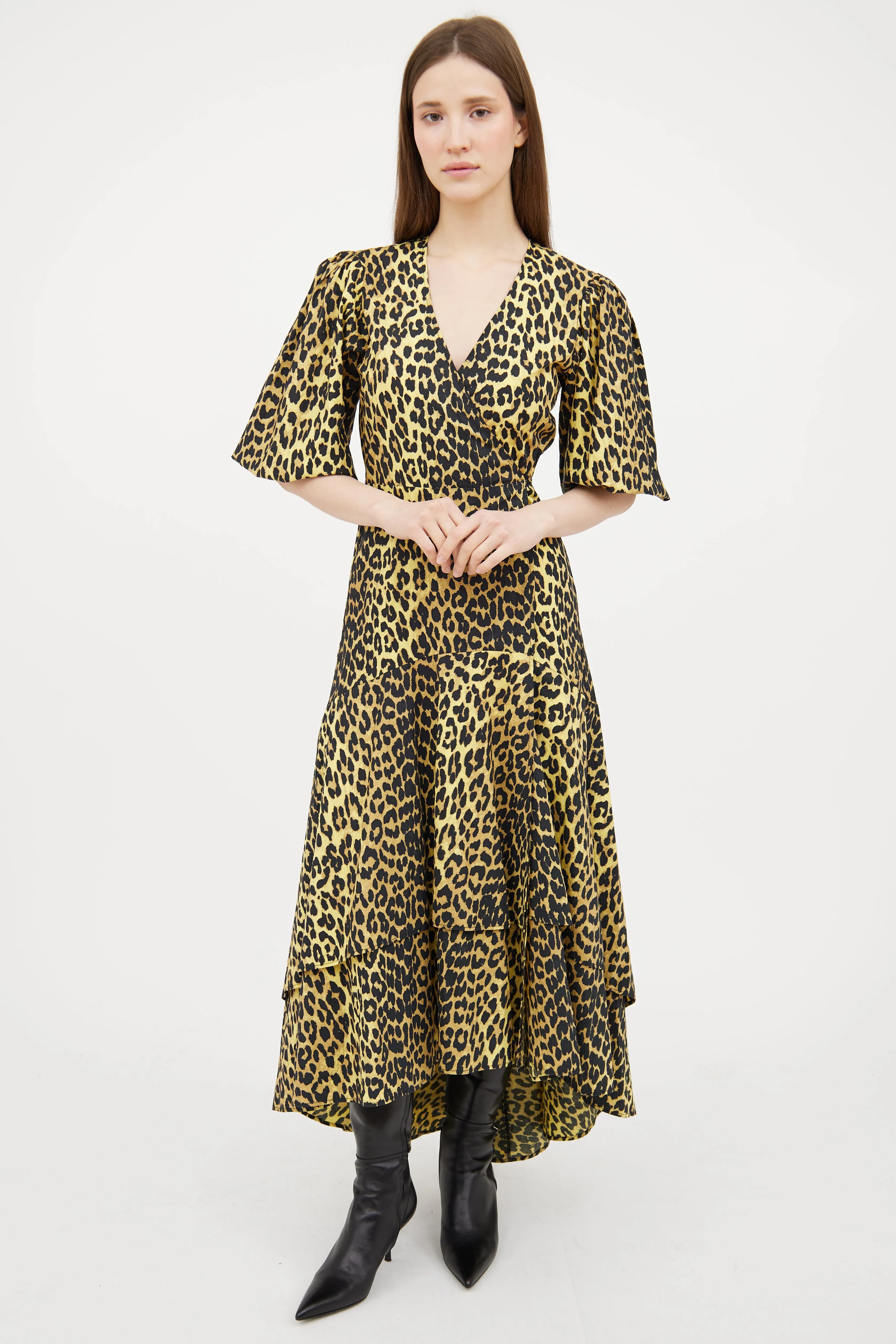 Yellow & Black Patterned Wrap Dress