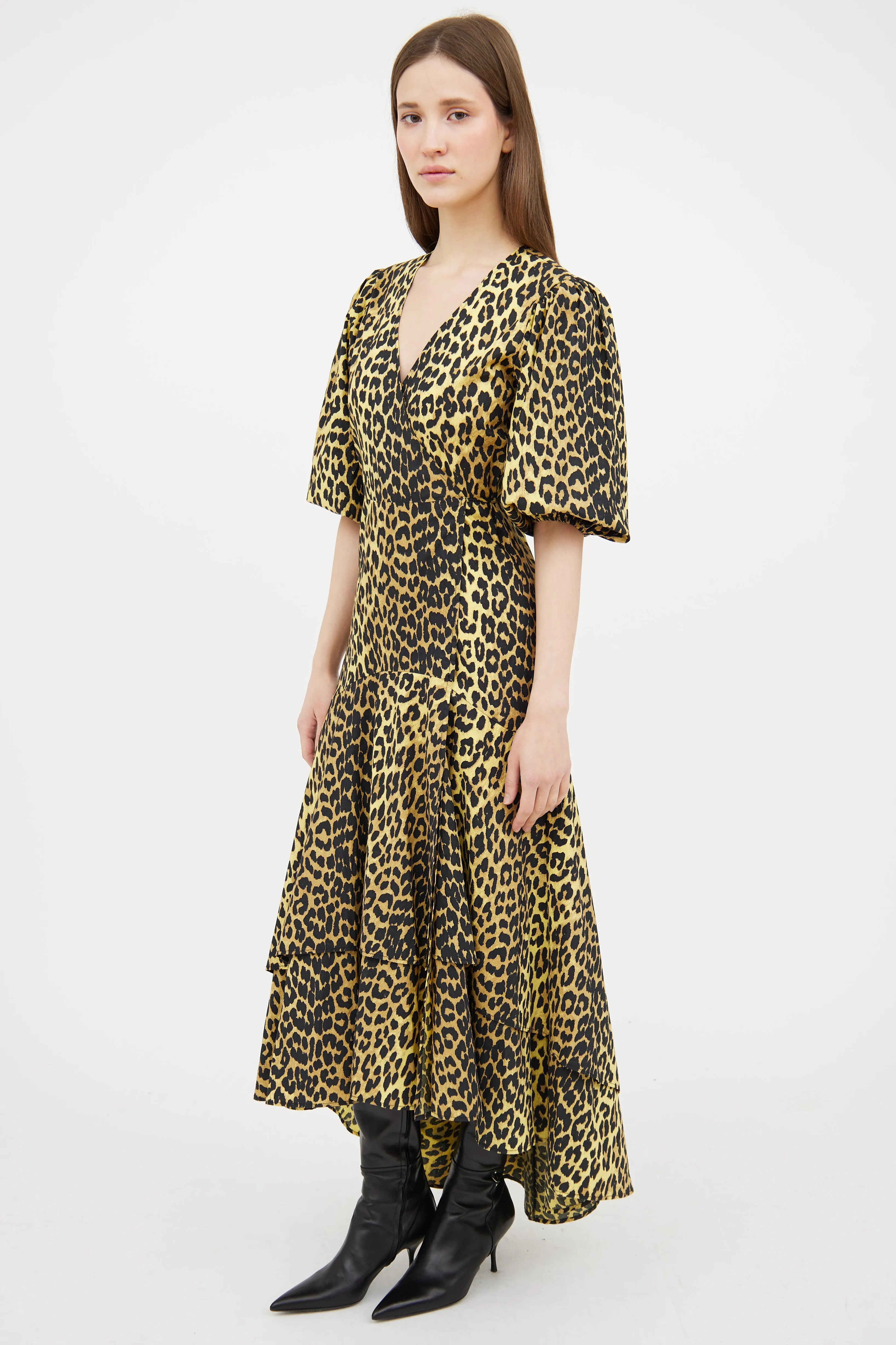 Yellow & Black Patterned Wrap Dress