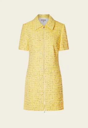 Yellow Short Sleeve Zip Up Front Tweed Dress